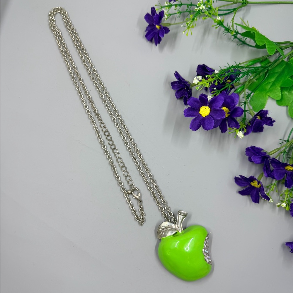 Cute Lime Green Apple with Bite Mark Pendant Necklace with Crystal Accents